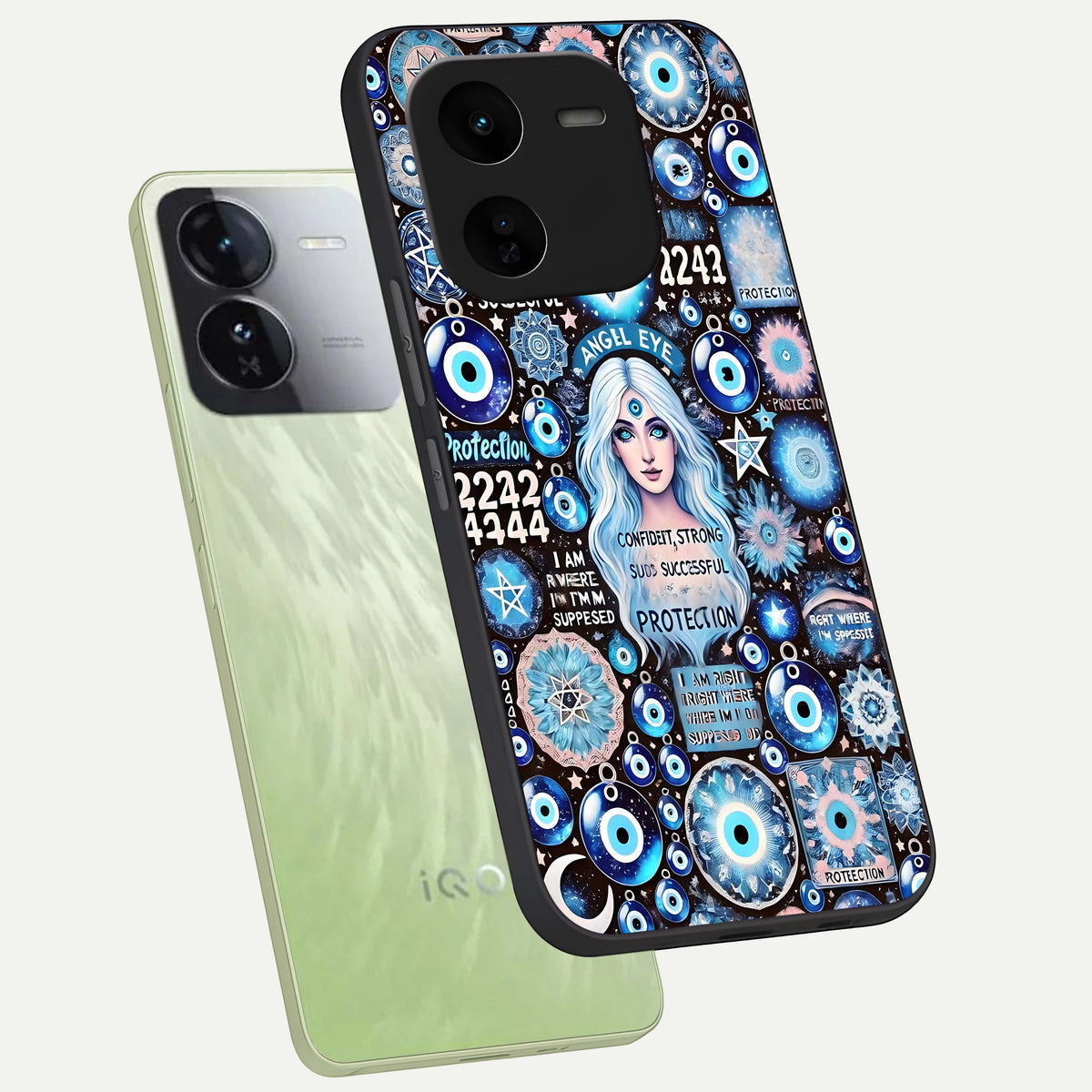  Angel Aura Shield phone case For iQOO Z9x 5G showing premium glass back cover with detailed artwork