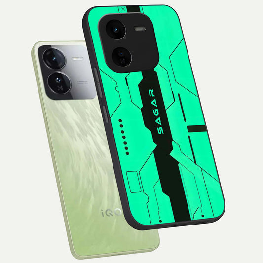  Aqua Tech CYBERPUNK Custom Name phone case For iQOO Z9x 5G showing premium glass back cover with detailed artwork