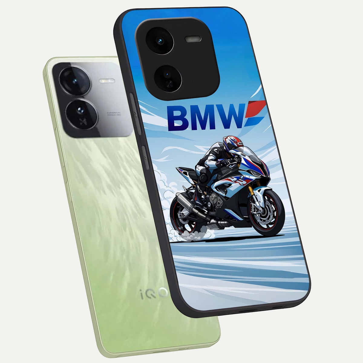  BMW Power Drift phone case For iQOO Z9x 5G showing premium glass back cover with detailed artwork