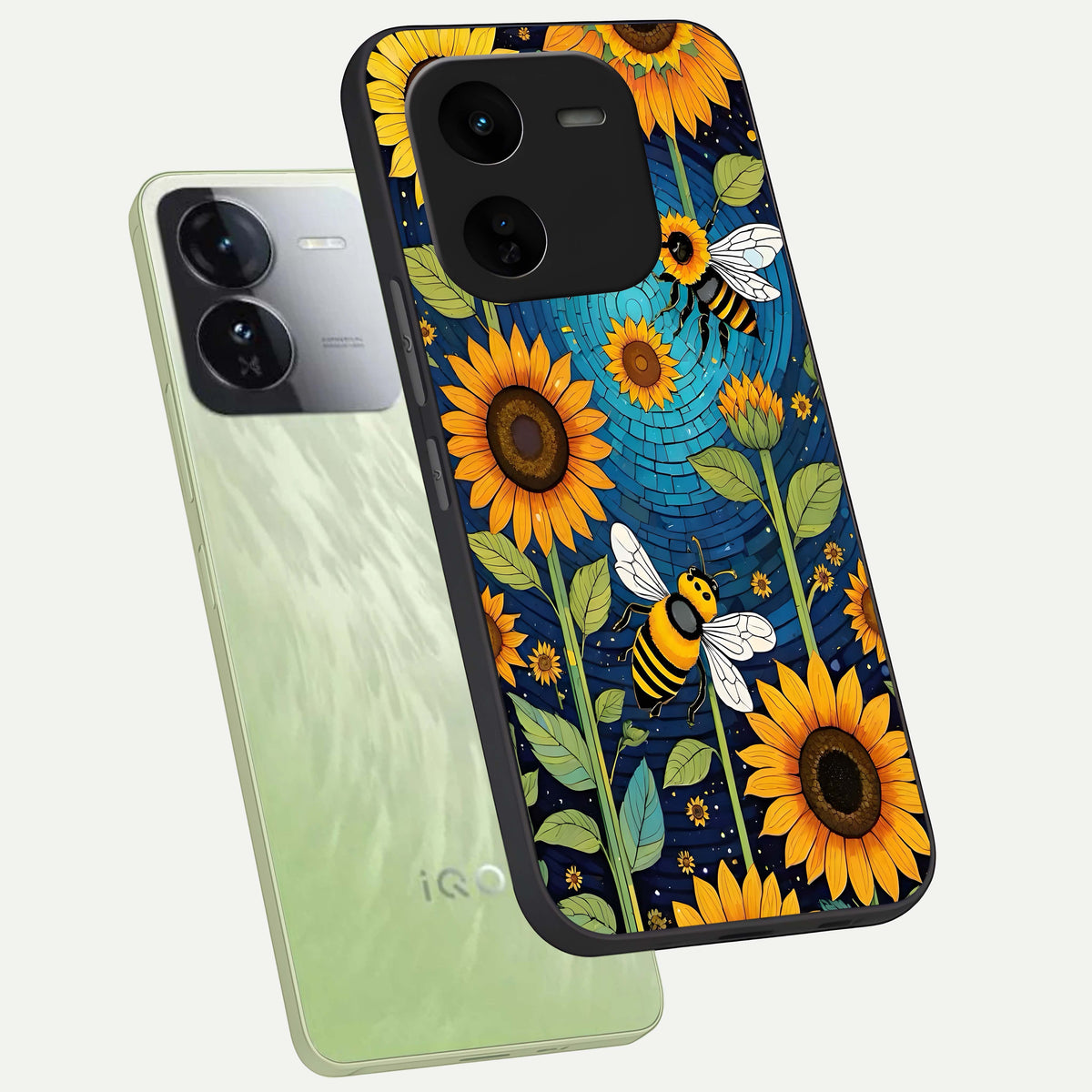  Bees And Sunflowers phone case For iQOO Z9x 5G showing premium glass back cover with detailed artwork