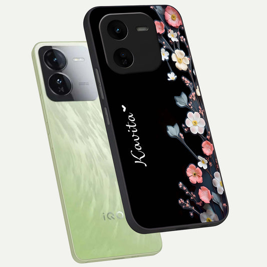  Black Elegance Floral Custom Name phone case For iQOO Z9x 5G showing premium glass back cover with detailed artwork