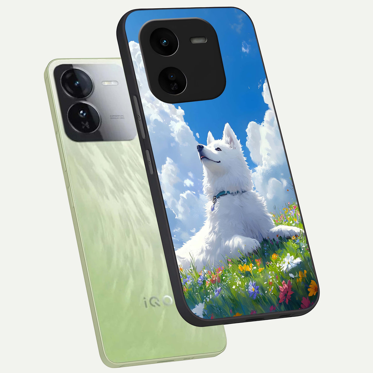  Blissful Cloud Pup phone case For iQOO Z9x 5G showing premium glass back cover with detailed artwork
