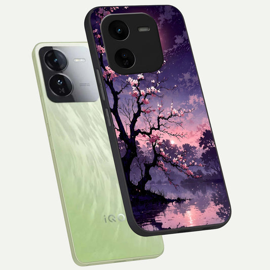  Blossom Pink Moon phone case For iQOO Z9x 5G showing premium glass back cover with detailed artwork
