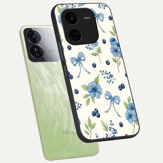  Blue Flower And Bow phone case For iQOO Z9x 5G showing premium glass back cover with detailed artwork