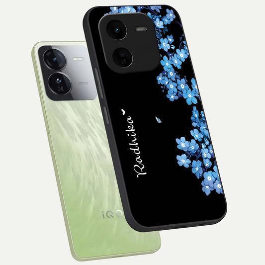  Blue Petal Dream Custom Name phone case For iQOO Z9x 5G showing premium glass back cover with detailed artwork