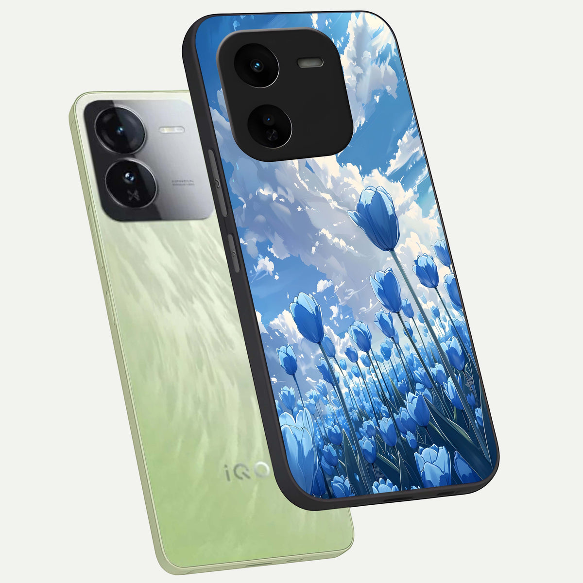  Blue Tulip Clouds phone case For iQOO Z9x 5G showing premium glass back cover with detailed artwork
