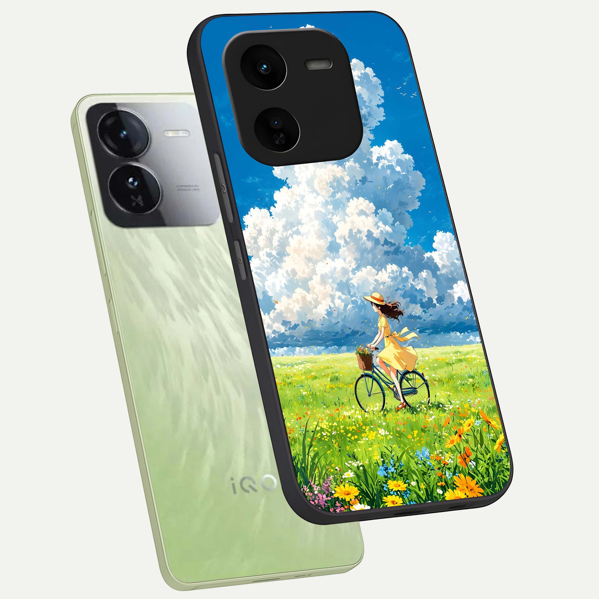  Breezy Meadow Ride phone case For iQOO Z9x 5G showing premium glass back cover with detailed artwork