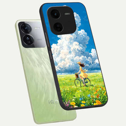  Breezy Meadow Ride phone case For iQOO Z9x 5G showing premium glass back cover with detailed artwork
