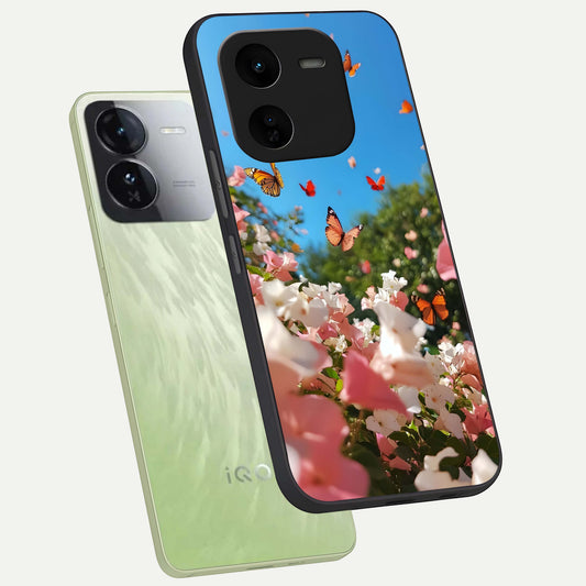  Butterflies In Bloom Sky phone case For iQOO Z9x 5G showing premium glass back cover with detailed artwork