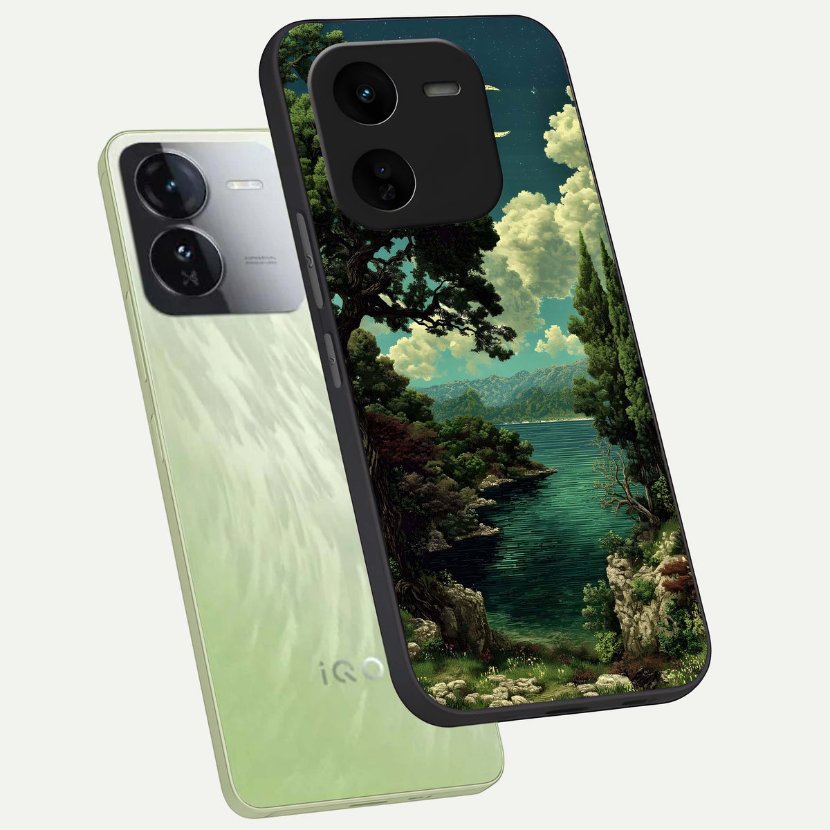  Celestial Lake Peace phone case For iQOO Z9x 5G showing premium glass back cover with detailed artwork