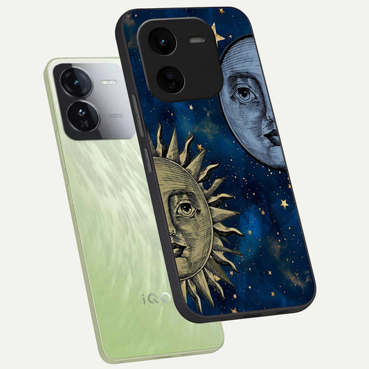  Celestial Moon With Sun phone case For iQOO Z9x 5G showing premium glass back cover with detailed artwork
