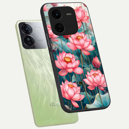  Celestial Pink Lotus phone case For iQOO Z9x 5G showing premium glass back cover with detailed artwork