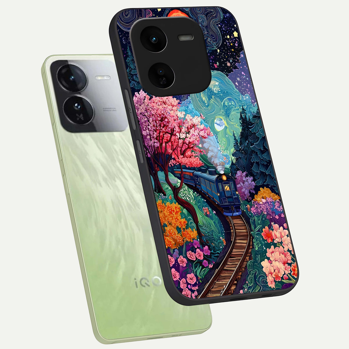  Celestial Train Journey phone case For iQOO Z9x 5G showing premium glass back cover with detailed artwork