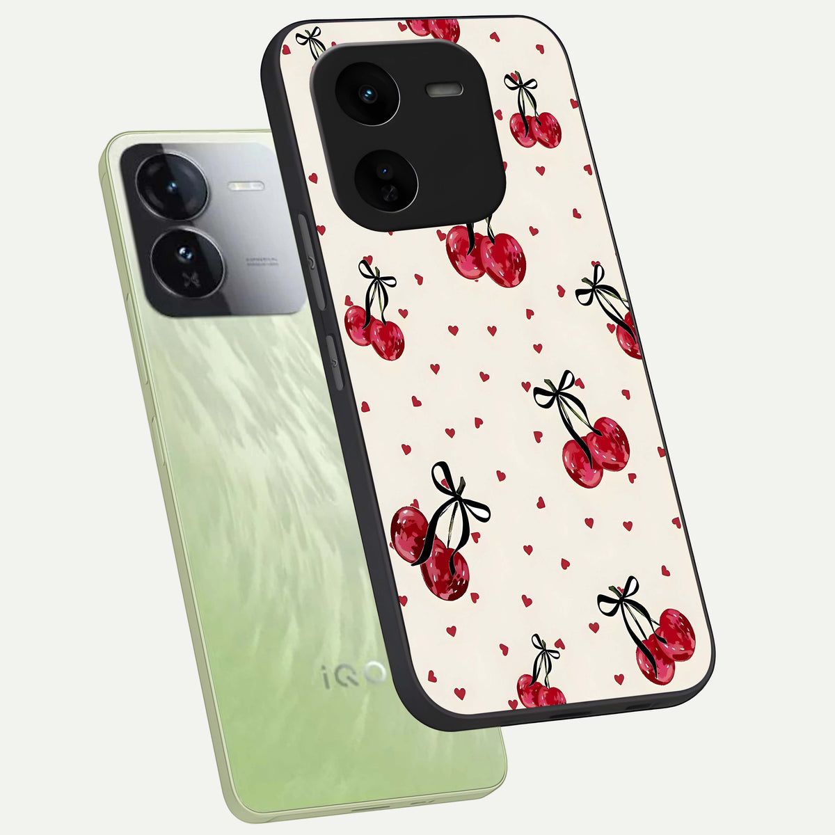  Cherry Heart Bow phone case For iQOO Z9x 5G showing premium glass back cover with detailed artwork