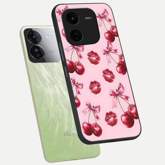  Cherry With Lips phone case For iQOO Z9x 5G showing premium glass back cover with detailed artwork