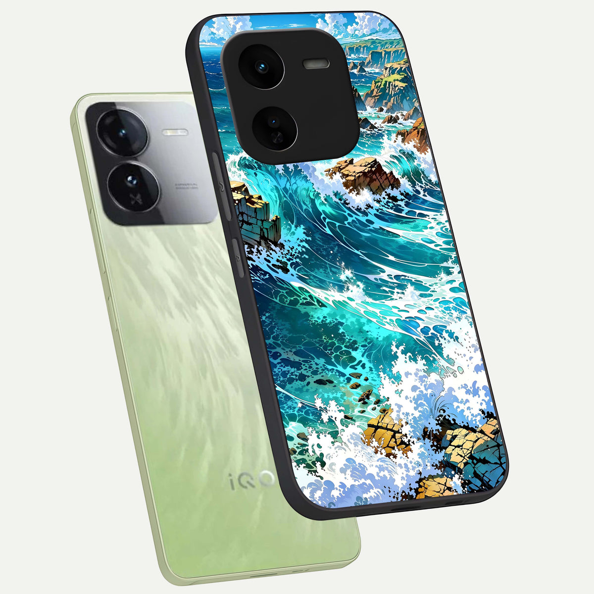  Coastal Blue Waves phone case For iQOO Z9x 5G showing premium glass back cover with detailed artwork