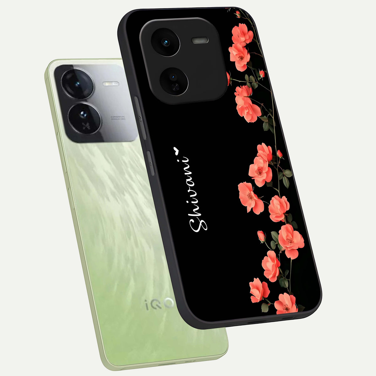  Crimson Bloom Grace Custom Name phone case For iQOO Z9x 5G showing premium glass back cover with detailed artwork