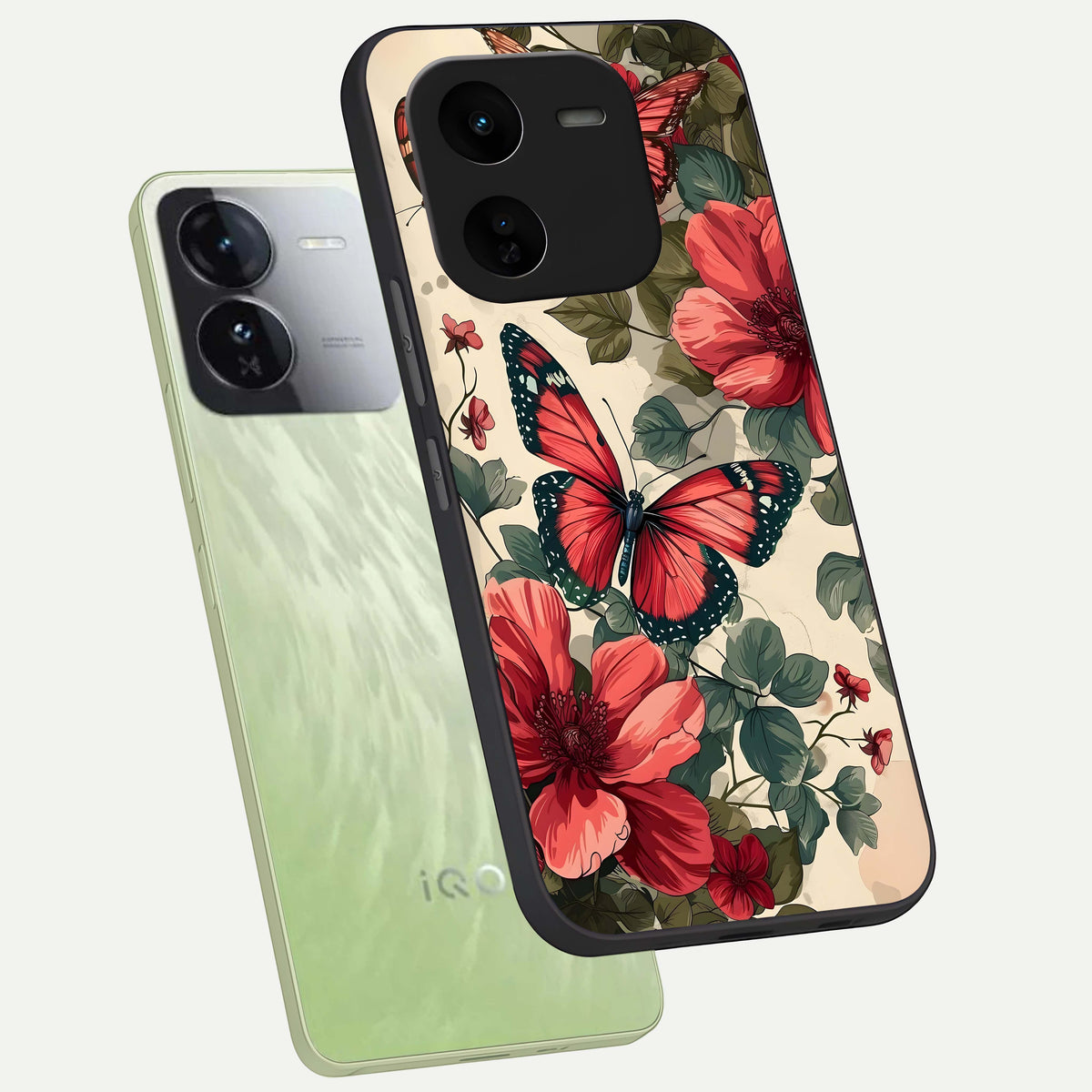  Crimson Butterfly Garden phone case For iQOO Z9x 5G showing premium glass back cover with detailed artwork