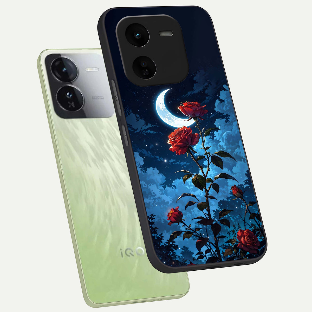  Crimson Rose Moon phone case For iQOO Z9x 5G showing premium glass back cover with detailed artwork