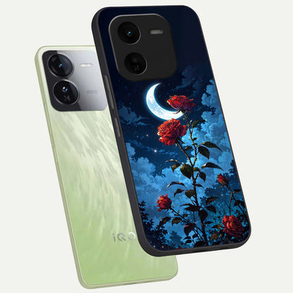  Crimson Rose Moon phone case For iQOO Z9x 5G showing premium glass back cover with detailed artwork