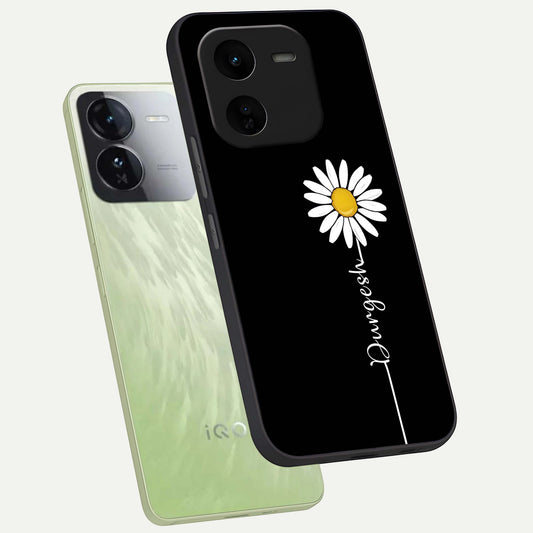  Custom Name White Flower phone case For iQOO Z9x 5G showing premium glass back cover with detailed artwork