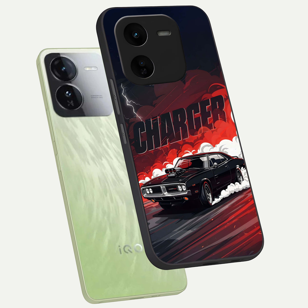  Dark Charger Fury phone case For iQOO Z9x 5G showing premium glass back cover with detailed artwork