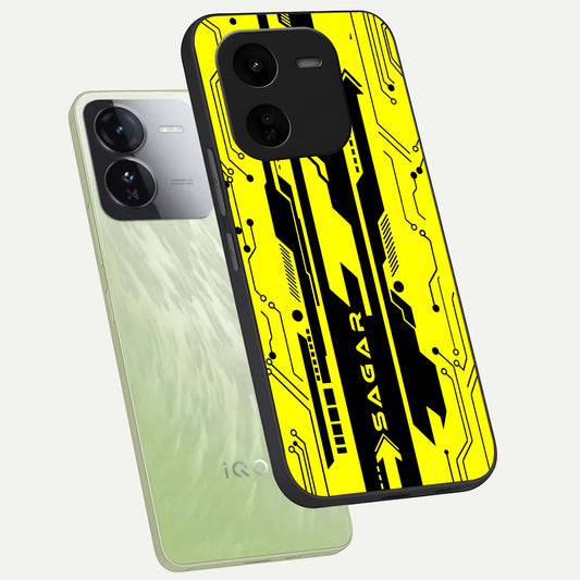  Electric Pulse CYBERPUNK Custom Name phone case For iQOO Z9x 5G showing premium glass back cover with detailed artwork
