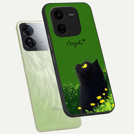  Emerald Cat Custom Name phone case For iQOO Z9x 5G showing premium glass back cover with detailed artwork