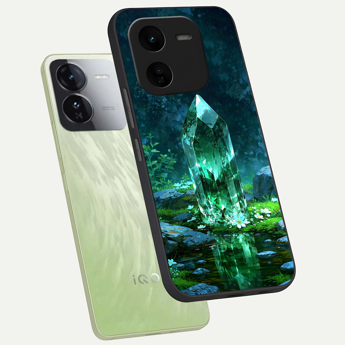  Emerald Light Crystal phone case For iQOO Z9x 5G showing premium glass back cover with detailed artwork