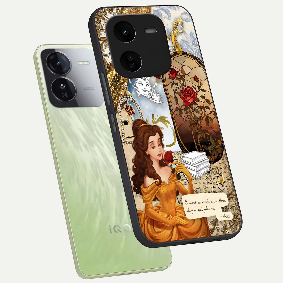  Golden Dream Belle phone case For iQOO Z9x 5G showing premium glass back cover with detailed artwork