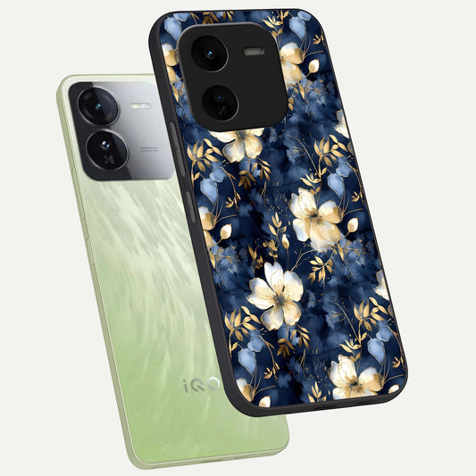 Golden Midnight Bloom phone case For iQOO Z9x 5G showing premium glass back cover with detailed artwork