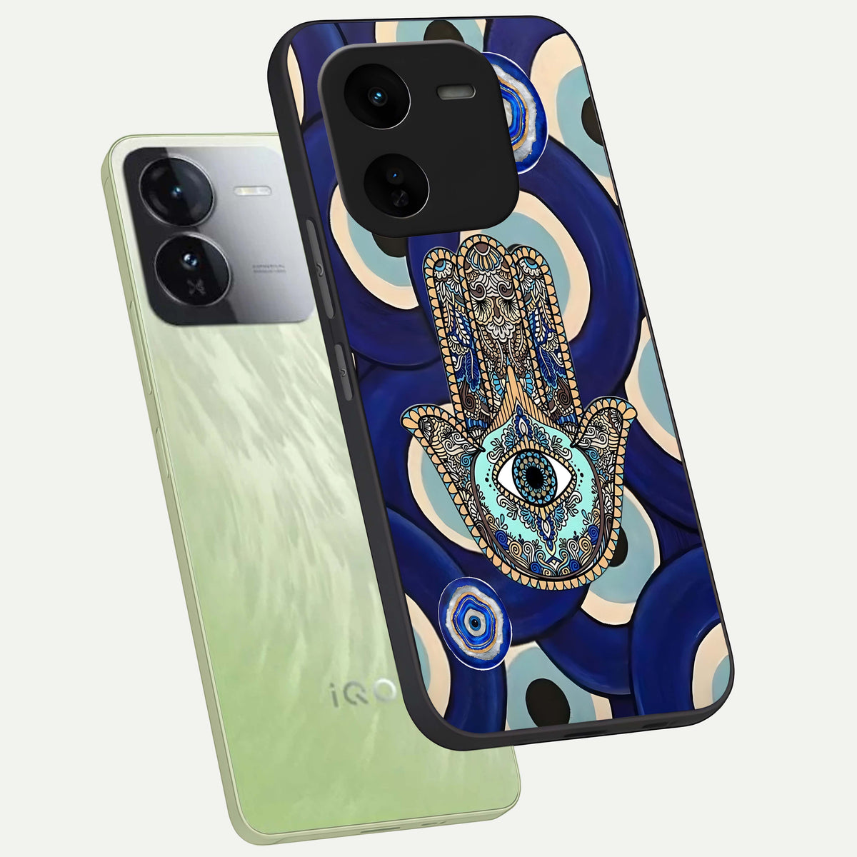  Hamsa Divine Guard phone case For iQOO Z9x 5G showing premium glass back cover with detailed artwork