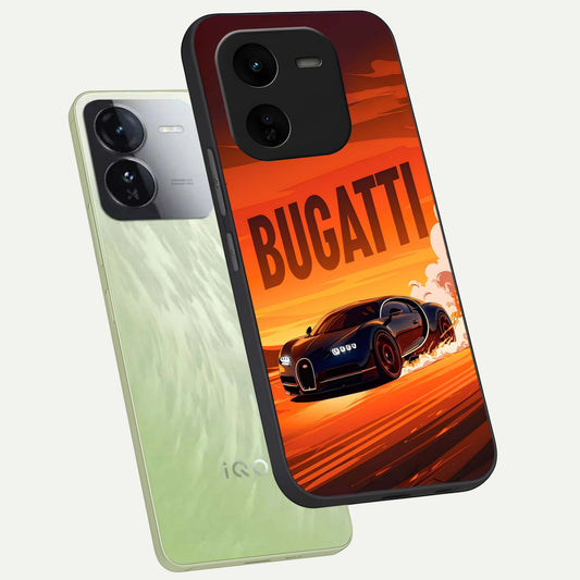  Inferno Bugatti Storm phone case For iQOO Z9x 5G showing premium glass back cover with detailed artwork