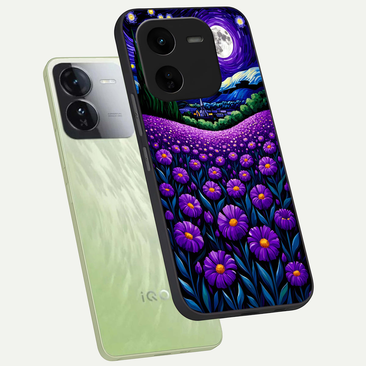  Lavender Moon Field phone case For iQOO Z9x 5G showing premium glass back cover with detailed artwork