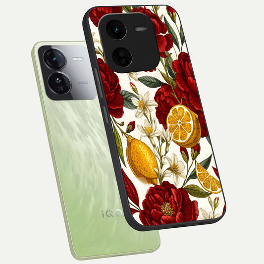  Lemon Rose Charm phone case For iQOO Z9x 5G showing premium glass back cover with detailed artwork