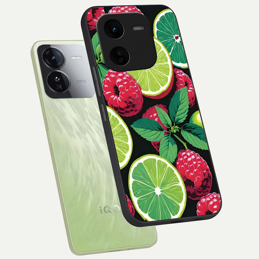  Lime and Raspberry Pattern phone case For iQOO Z9x 5G showing premium glass back cover with detailed artwork