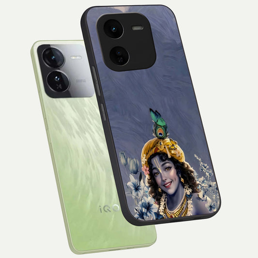  Lord Krishna phone case For iQOO Z9x 5G showing premium glass back cover with detailed artwork
