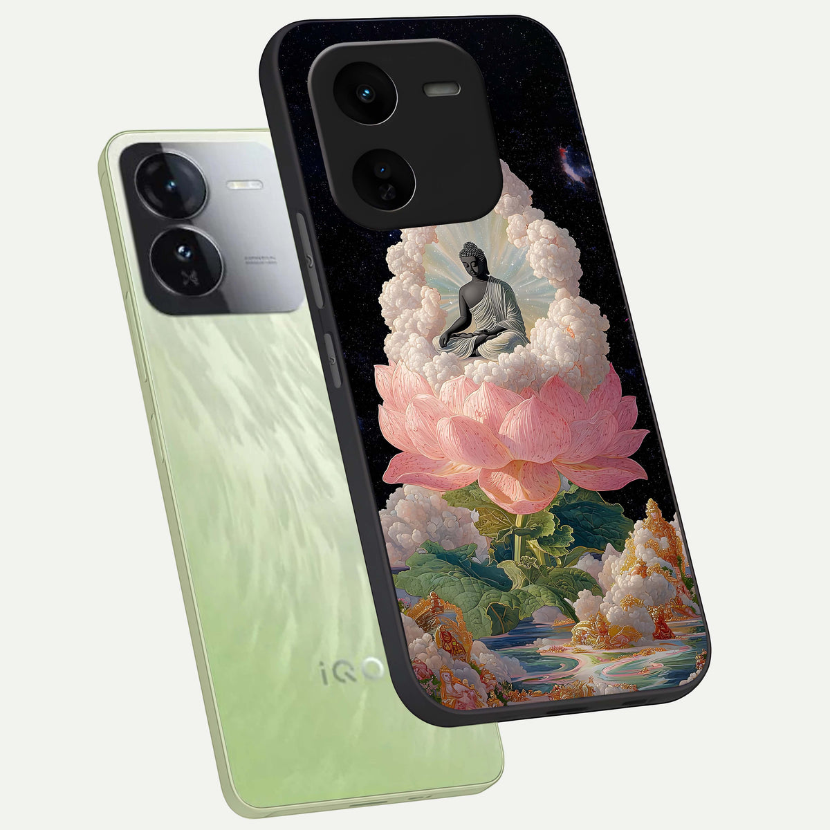 Lotus Divine Peace phone case For iQOO Z9x 5G showing premium glass back cover with detailed artwork