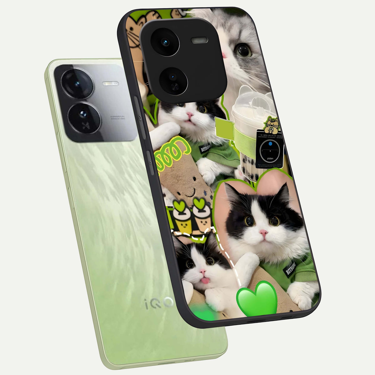  Matcha Cats Mood phone case For iQOO Z9x 5G showing premium glass back cover with detailed artwork