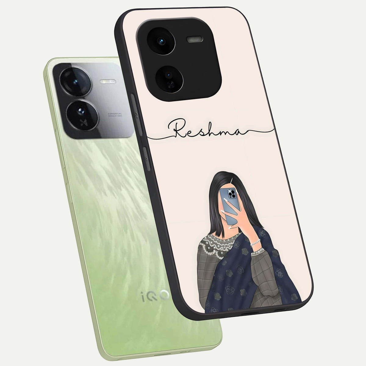  Mirror Mood Muse With Custom Name phone case For iQOO Z9x 5G showing premium glass back cover with detailed artwork