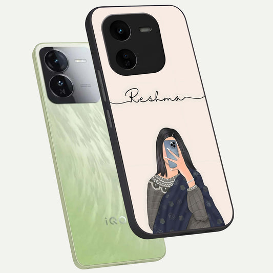  Mirror Mood Muse With Custom Name phone case For iQOO Z9x 5G showing premium glass back cover with detailed artwork