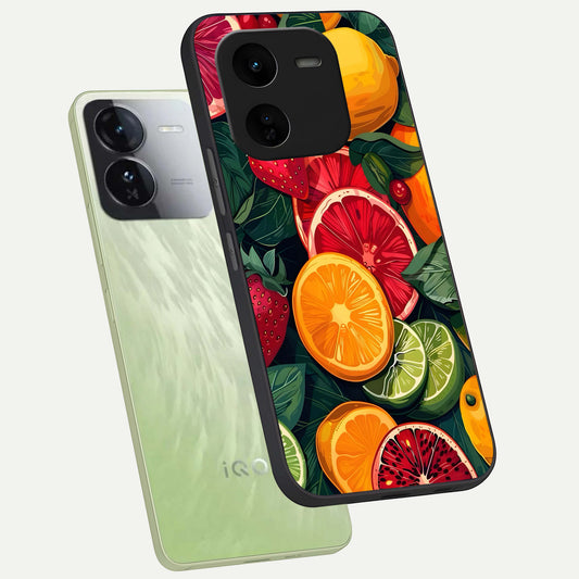  Multiple Fruits phone case For iQOO Z9x 5G showing premium glass back cover with detailed artwork