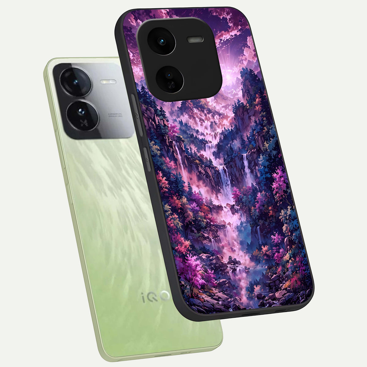  Mystic Cascade Peaks phone case For iQOO Z9x 5G showing premium glass back cover with detailed artwork