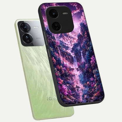  Mystic Cascade Peaks phone case For iQOO Z9x 5G showing premium glass back cover with detailed artwork