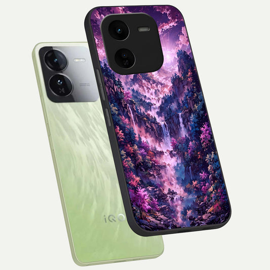  Mystic Cascade Peaks phone case For iQOO Z9x 5G showing premium glass back cover with detailed artwork