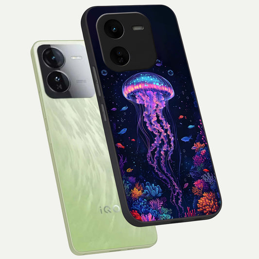  Neon Jellyfish phone case For iQOO Z9x 5G showing premium glass back cover with detailed artwork