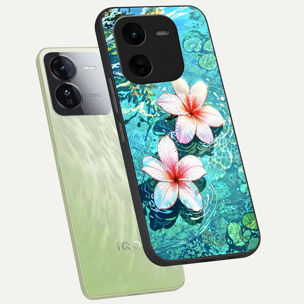  Pink Flowers in Water phone case For iQOO Z9x 5G showing premium glass back cover with detailed artwork