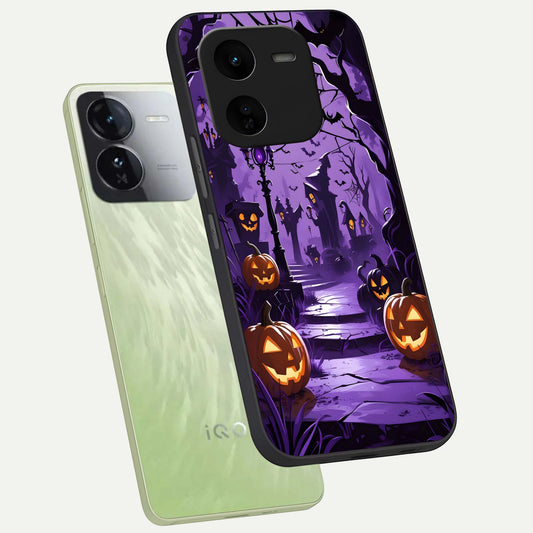  Pumpkin Patch Halloween phone case For iQOO Z9x 5G showing premium glass back cover with detailed artwork