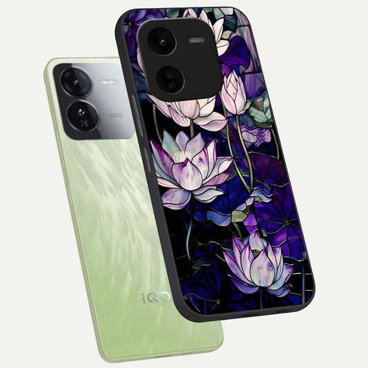  Purple Lotus Pattern phone case For iQOO Z9x 5G showing premium glass back cover with detailed artwork