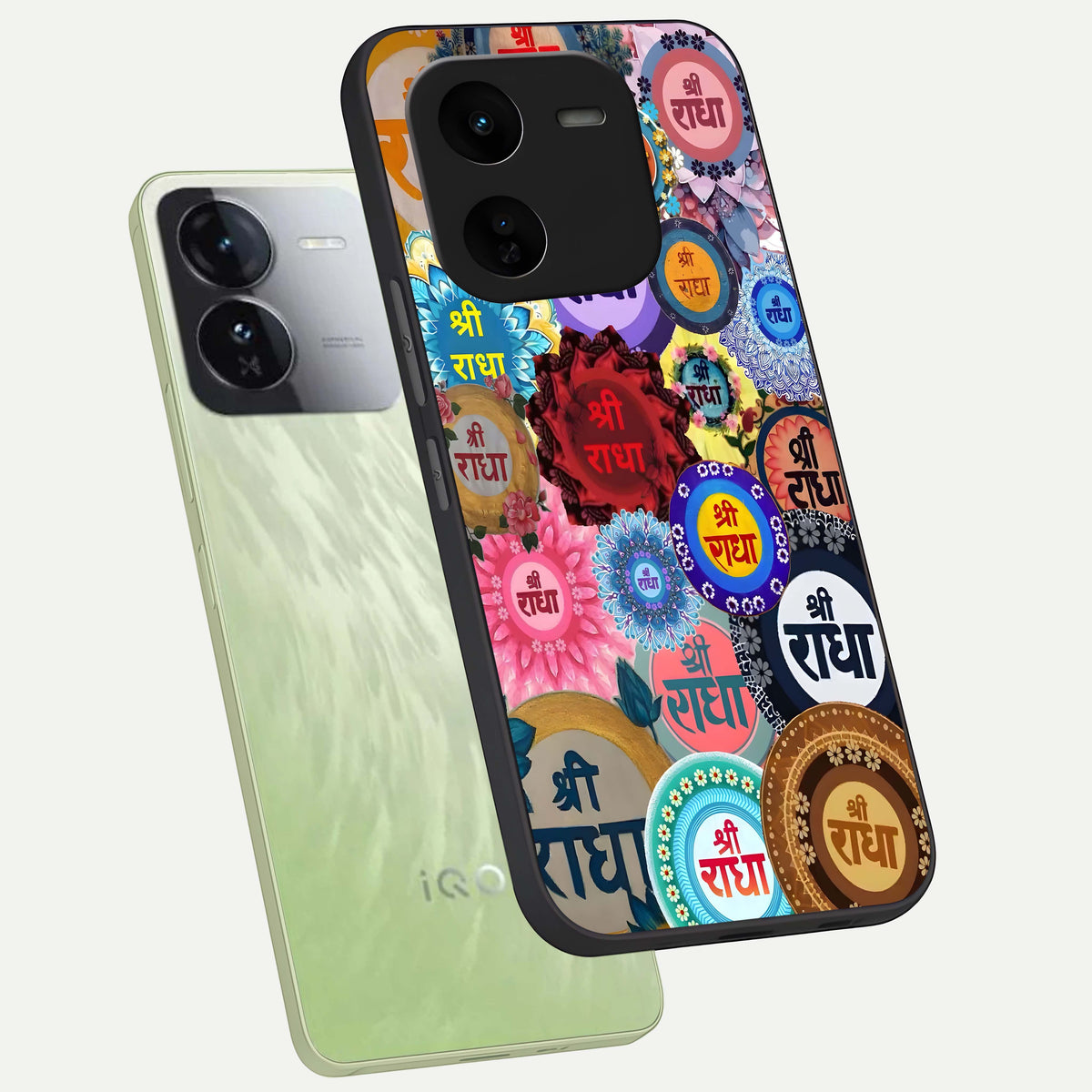  Radha Divine Bloom phone case For iQOO Z9x 5G showing premium glass back cover with detailed artwork